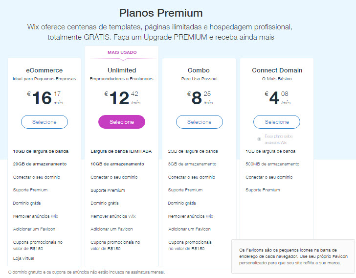 Tarifas dos planos premium Wix